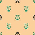 Green and black Ancient Greek lyre icon isolated seamless pattern on beige background. Classical music instrument