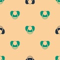 Green and black Baby dummy pacifier icon isolated seamless pattern on beige background. Toy of a child. Vector Royalty Free Stock Photo