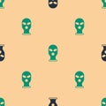 Green and black Balaclava icon isolated seamless pattern on beige background. A piece of clothing for winter sports or a