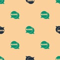 Green and black Bang boom, gun Comic text speech bubble balloon icon isolated seamless pattern on beige background Royalty Free Stock Photo