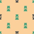 Green and black Barbecue coal bag icon isolated seamless pattern on beige background. Vector Royalty Free Stock Photo