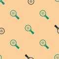 Green and black Biohazard and magnifying glass icon isolated seamless pattern on beige background. Vector Royalty Free Stock Photo