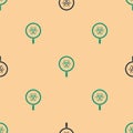 Green and black Biohazard and magnifying glass icon isolated seamless pattern on beige background. Vector Royalty Free Stock Photo