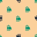 Green and black Camera vintage film roll cartridge icon isolated seamless pattern on beige background. 35mm film