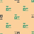 Green and black Cat scratching post with toy icon isolated seamless pattern on beige background. Vector Royalty Free Stock Photo