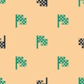 Green and black Checkered flag icon isolated seamless pattern on beige background. Racing flag. Vector Royalty Free Stock Photo