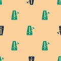 Green and black Classic Metronome with pendulum in motion icon isolated seamless pattern on beige background. Equipment