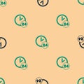 Green and black Clock 24 hours icon isolated seamless pattern on beige background. All day cyclic icon. 24 hours service Royalty Free Stock Photo