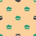 Green and black Coal mine trolley icon isolated seamless pattern on beige background. Factory coal mine trolley. Vector Royalty Free Stock Photo