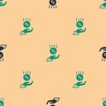 Green and black Coins on hand - minimal wage icon isolated seamless pattern on beige background. Vector