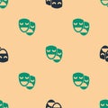 Green and black Comedy and tragedy theatrical masks icon isolated seamless pattern on beige background. Vector Royalty Free Stock Photo