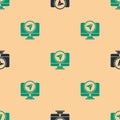 Green and black Computer monitor and folded map with location marker icon isolated seamless pattern on beige background