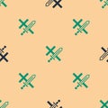 Green and black Crusade icon isolated seamless pattern on beige background. Vector