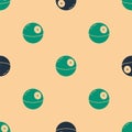 Green and black Death star icon isolated seamless pattern on beige background. Vector