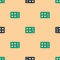 Green and black Drum machine icon isolated seamless pattern on beige background. Musical equipment. Vector
