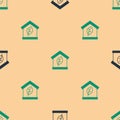 Green and black Eco friendly house icon isolated seamless pattern on beige background. Eco house with leaf. Vector Royalty Free Stock Photo