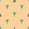 Green and black Electric rotary hammer drill machine icon isolated seamless pattern on beige background. Working tool