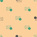 Green and black Envelope icon isolated seamless pattern on beige background. Received message concept. New, email Royalty Free Stock Photo