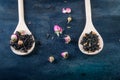Green, black, floral, herbal tea leaves Royalty Free Stock Photo