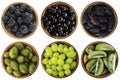Green and black food. Berries and fruits isolated on white background. Collage of different fruits and berries at green and black Royalty Free Stock Photo