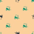 Green and black Forklift truck icon isolated seamless pattern on beige background. Fork loader and cardboard box. Cargo Royalty Free Stock Photo