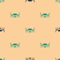 Green and black French cafe icon isolated seamless pattern on beige background. Street cafe. Table and chairs. Vector