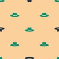 Green and black Gardener, farmer or agricultural worker hat icon isolated seamless pattern on beige background. Vector