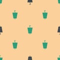 Green and black Grilled shish kebab on skewer stick icon isolated seamless pattern on beige background. Meat kebab on