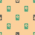 Green and black Hard disk drive HDD icon isolated seamless pattern on beige background. Vector