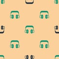 Green and black Headphones icon isolated seamless pattern on beige background. Support customer service, hotline, call