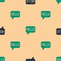 Green and black Hello in different languages icon isolated seamless pattern on beige background. Speech bubbles. Vector Royalty Free Stock Photo