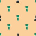 Green and black Hotel door lock key icon isolated seamless pattern on beige background. Vector Royalty Free Stock Photo
