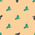 Green and black Human hand and easter egg icon isolated seamless pattern on beige background. Happy Easter. Vector