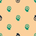 Green and black Human head with gear inside icon isolated seamless pattern on beige background. Artificial intelligence Royalty Free Stock Photo