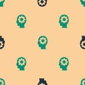 Green and black Human head with gear inside icon isolated seamless pattern on beige background. Artificial intelligence Royalty Free Stock Photo