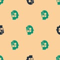 Green and black Human head puzzles strategy icon isolated seamless pattern on beige background. Thinking brain sign Royalty Free Stock Photo