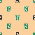 Green and black Ice tea icon isolated seamless pattern on beige background. Iced tea. Vector