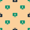 Green and black Lightning bolt icon isolated seamless pattern on beige background. Flash icon. Charge flash icon Royalty Free Stock Photo