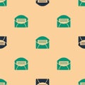 Green and black Mail and e-mail icon isolated seamless pattern on beige background. Envelope symbol e-mail. Email