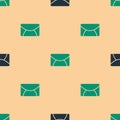 Green and black Mail and e-mail icon isolated seamless pattern on beige background. Envelope symbol e-mail. Email