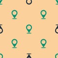 Green and black Map pointer with bowling ball icon isolated seamless pattern on beige background. Sport equipment Royalty Free Stock Photo