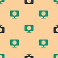 Green and black Map pointer with bowling ball icon isolated seamless pattern on beige background. Sport equipment Royalty Free Stock Photo