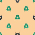 Green and black Mars rover icon isolated seamless pattern on beige background. Space rover. Moonwalker sign. Apparatus