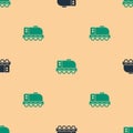 Green and black Mars rover icon isolated seamless pattern on beige background. Space rover. Moonwalker sign. Apparatus