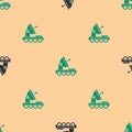 Green and black Mars rover icon isolated seamless pattern on beige background. Space rover. Moonwalker sign. Apparatus