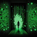 Green and black Matrix code raining down on a virtual world with futuristic neon lights in the background