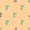 Green and black Meteorology thermometer measuring icon isolated seamless pattern on beige background. Thermometer