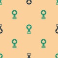 Green and black Movie trophy icon isolated seamless pattern on beige background. Academy award icon. Films and cinema