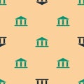 Green and black Museum building icon isolated seamless pattern on beige background. Vector Illustration