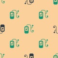 Green and black Music player icon isolated seamless pattern on beige background. Portable music device. Vector Royalty Free Stock Photo